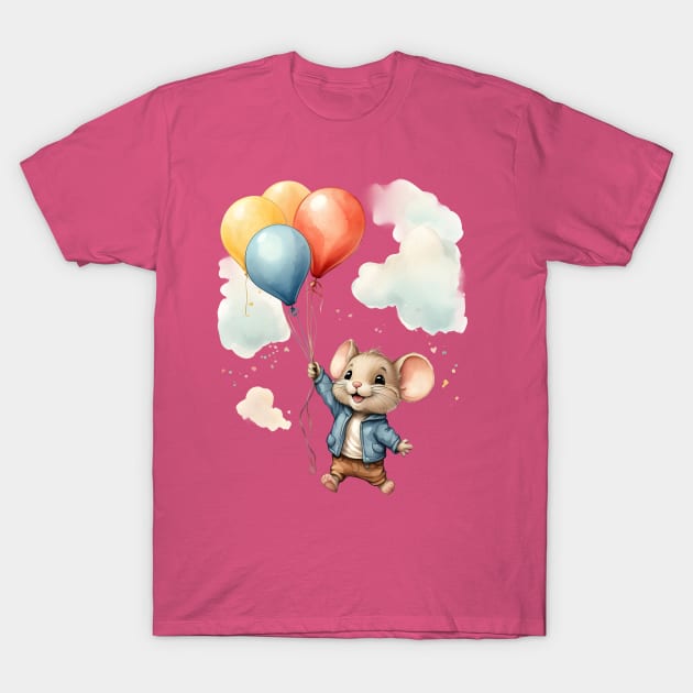 Cute Colorful Baby Mouse With Balloons Watercolor Design T-Shirt by TF Brands